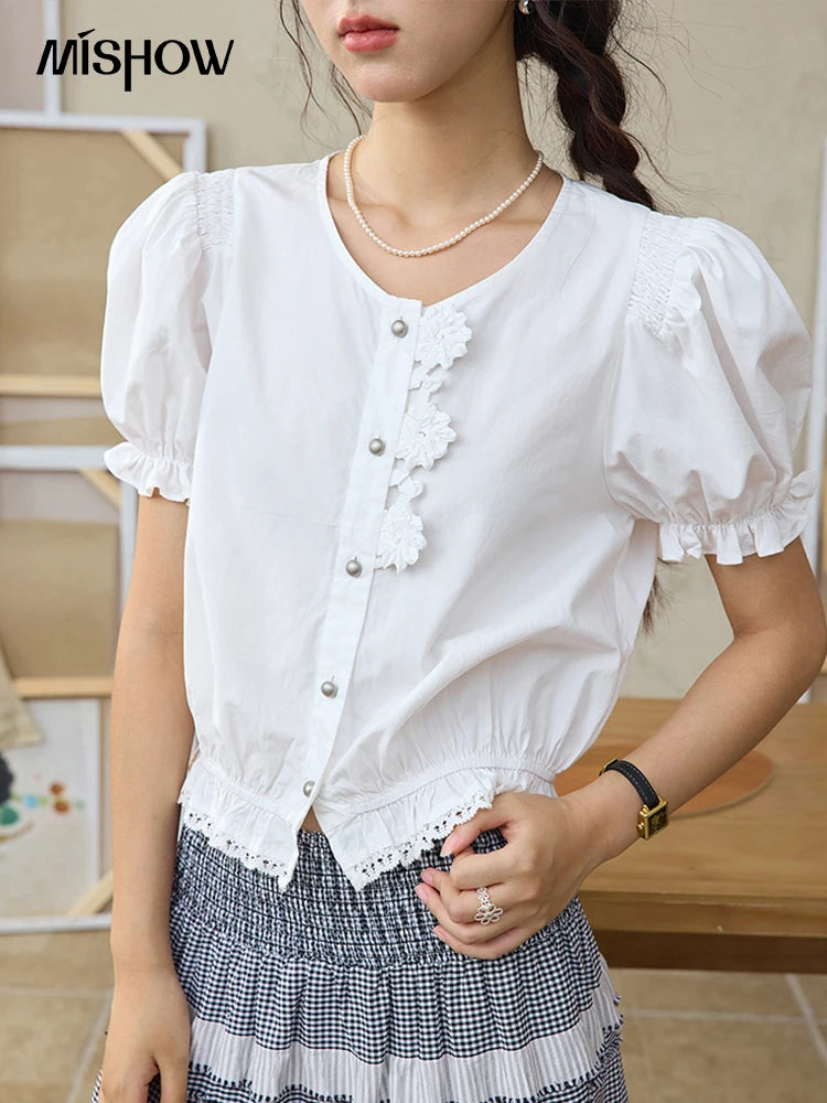 MISHOW Sweet Lace Pufff Sleeve Shirt Summer 2025 Flower Single Breasted Buttons Short Shirts Hem Elastic Waist Tops MXE34X1820