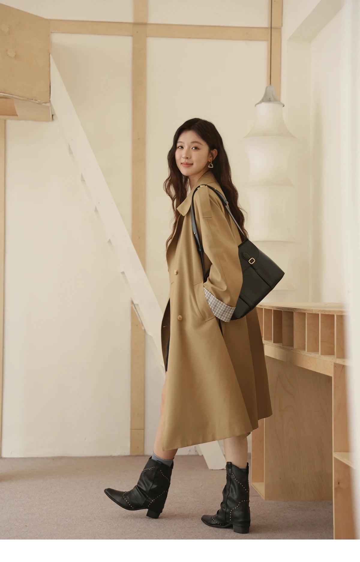 MISHOW Khaki Retro Plaid Flip Sleeve Trench Coat Autumn 2025 Double Breasted Belt Medium Length Trench Office Lady MXE44W0814
