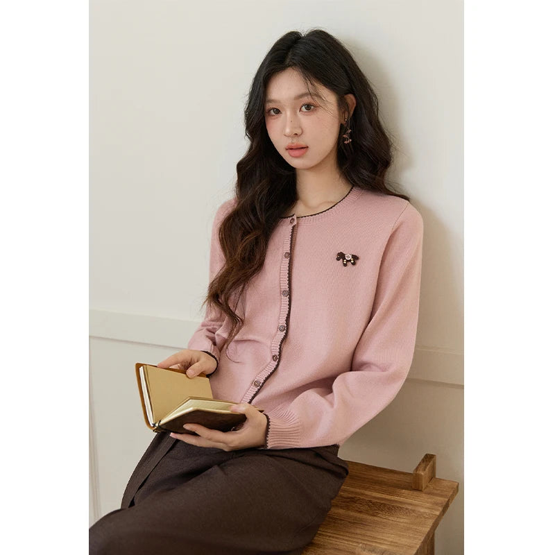 MISHOW Contrast Trim Crew Neck Knit Cardigan 2026 Spring Single Breasted Casual Pink Sweater with Pony Decoration MXF108Z1023