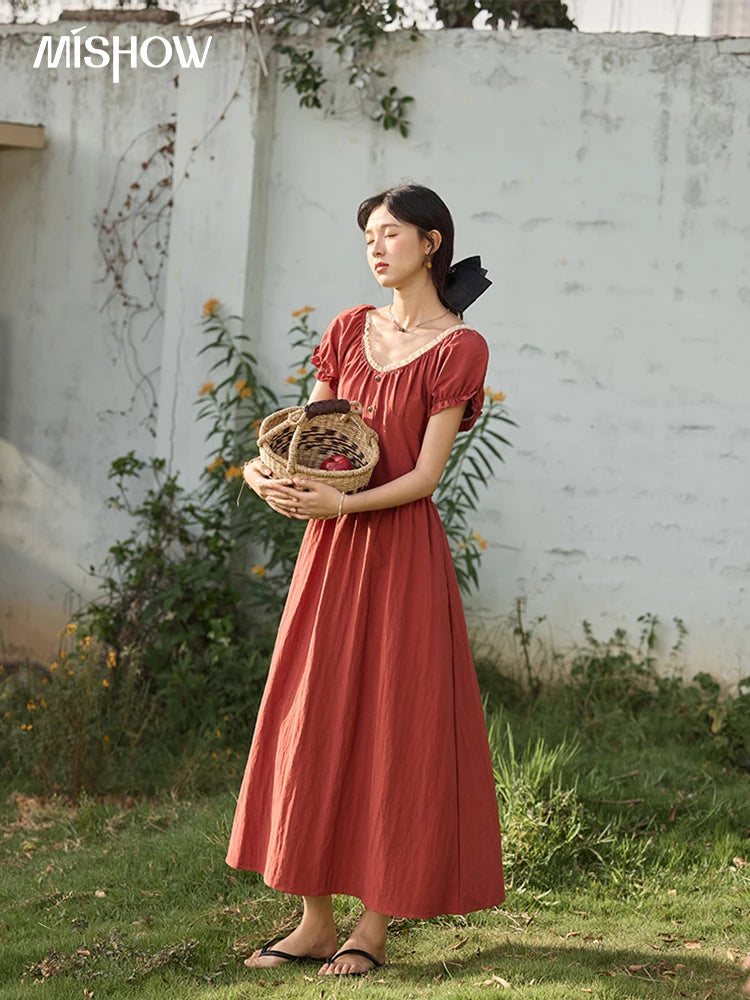 MISHOW French Summer Dress Women New 2025 Puff Short Sleeve Lace Neck Slimming Long Dresses Female Fashion Elegant MXE35L2297