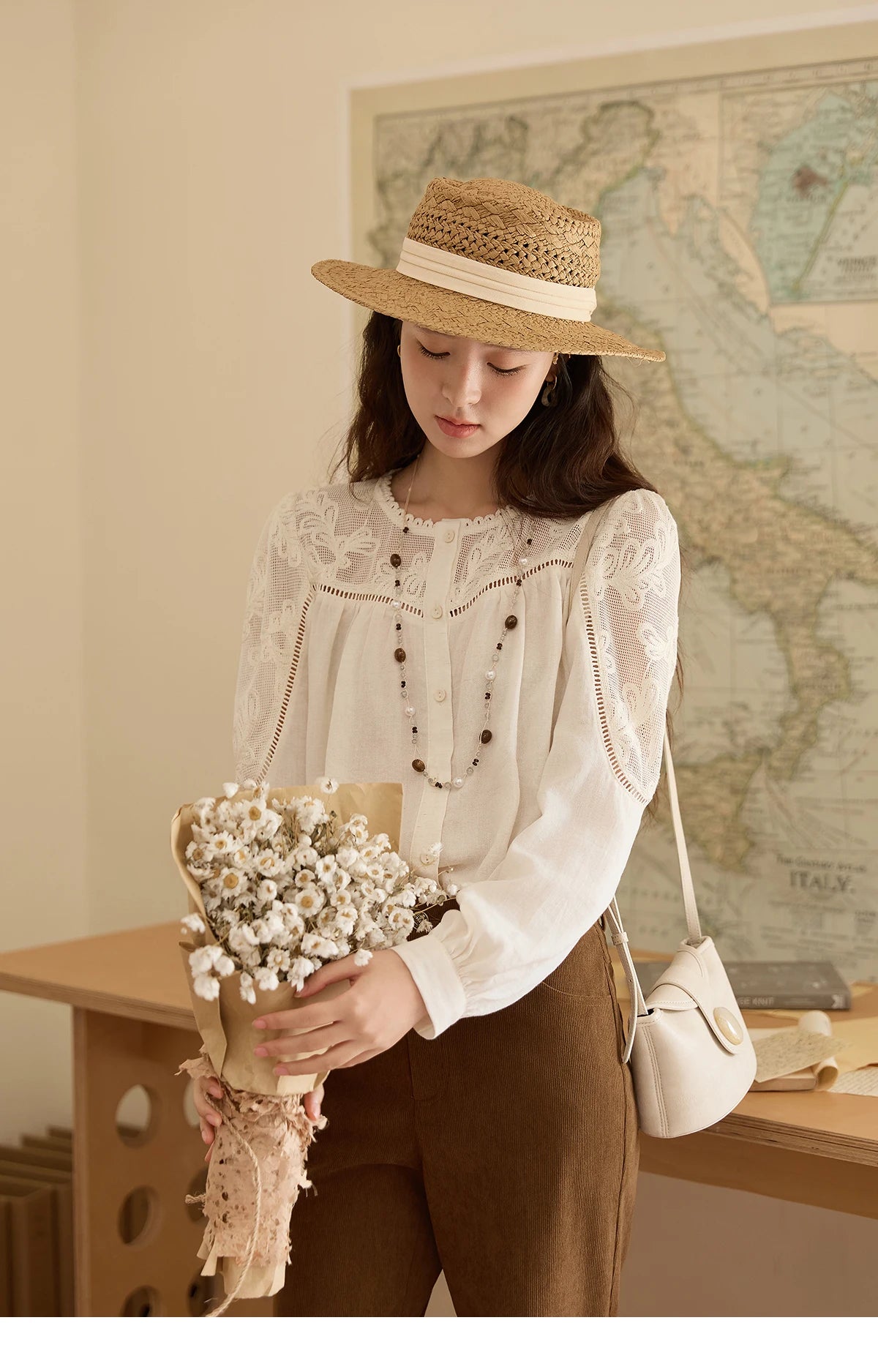 MISHOW Women's Beige Hollow Out Embroidery Shirt Autumn French Elegant Long Sleeve O-Neck Shirts Retro Commute Tops MXE44X2498