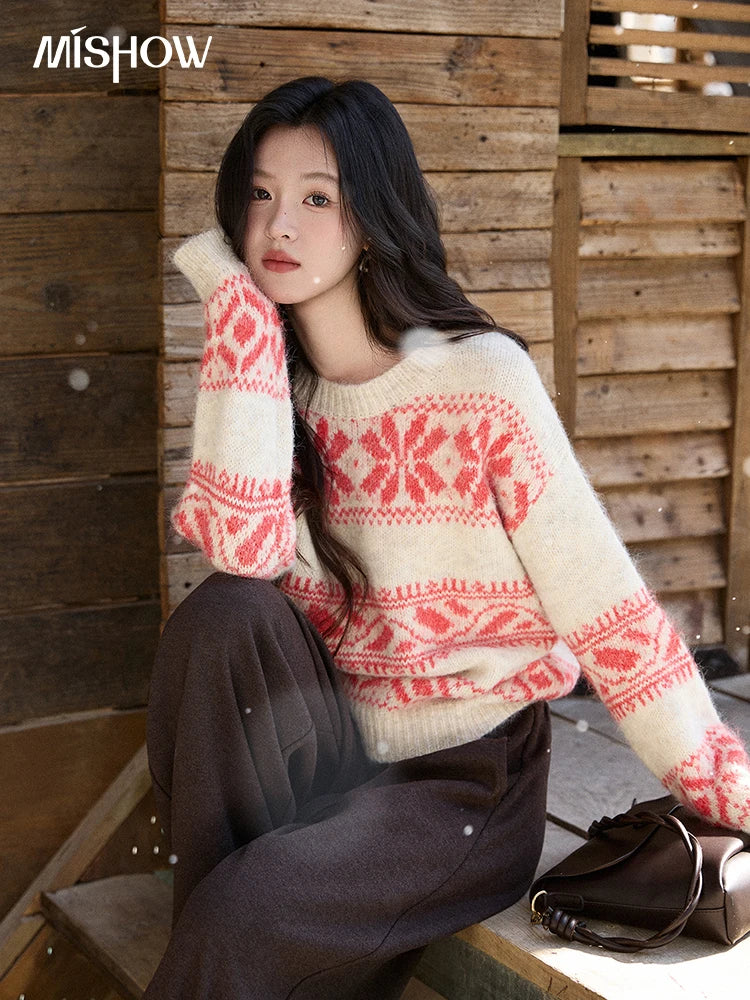 MISHOW Christmas Geometric Jacquard Sweater for Women 2025 Winter Beige White Wool Round Neck Loose Knitted Sweater MXE93Z2938