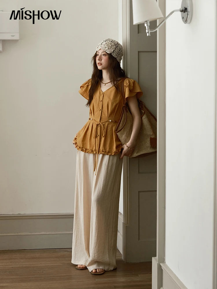 MISHOW Women's Petal Sleeve Slim Shirt 2025 Summer New V-neck Button Bead belt Black Fungus Edge Top Ladies Clothing MXE39X1881