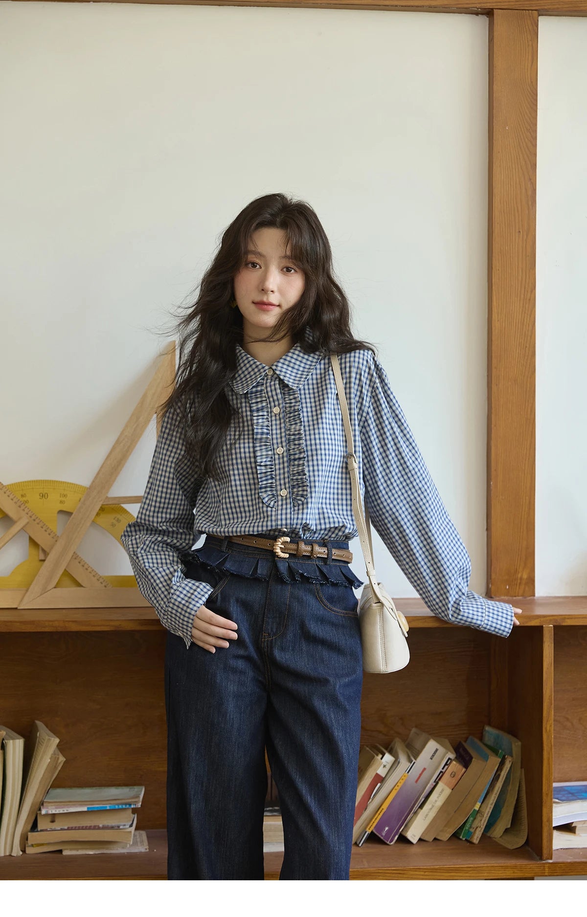 MISHOW Autumn Blue Plaid 100 Cotton Shirts 2025 Doll Collar Dropped Shoulder Sleeves Casual Top Retro Commuter Shirt MXE44C2391