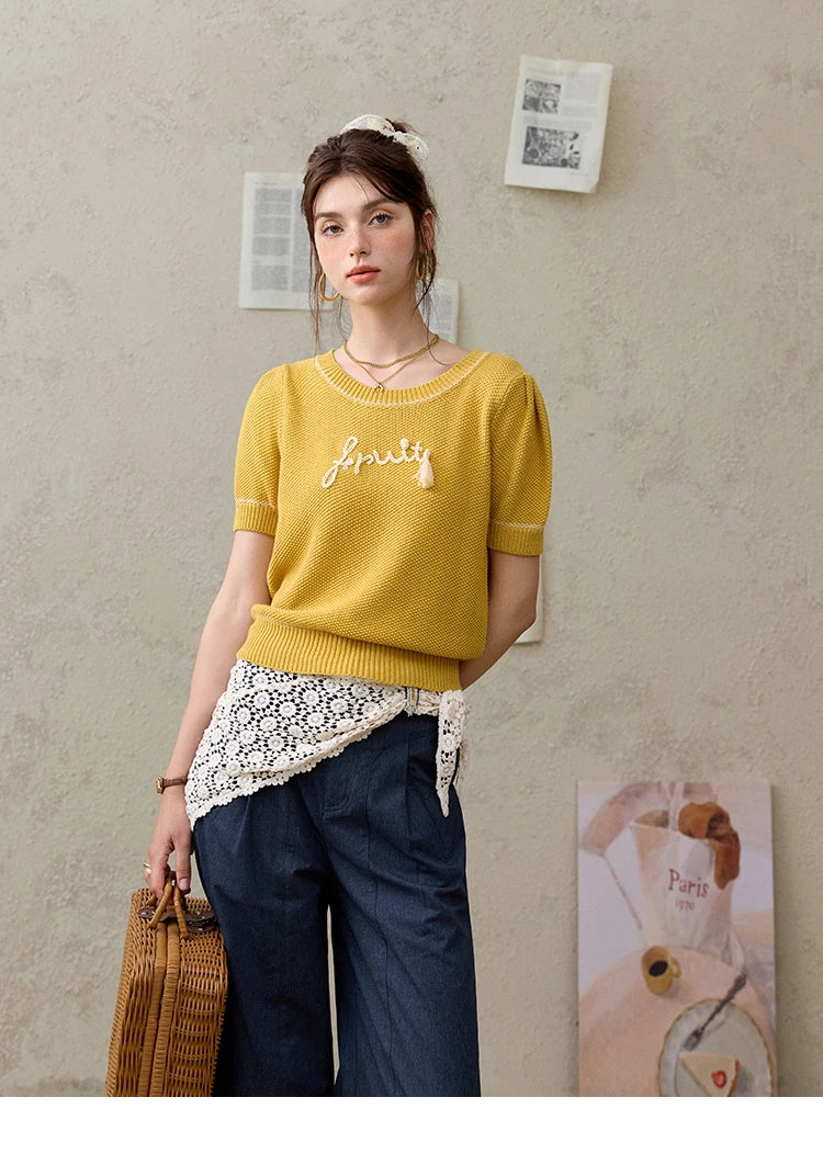 MISHOW French Knitted Pullover Women Summer 2025 Letter Short Sleeve Round Neck Slimming Sweater Female Fashion MXE33Z1219