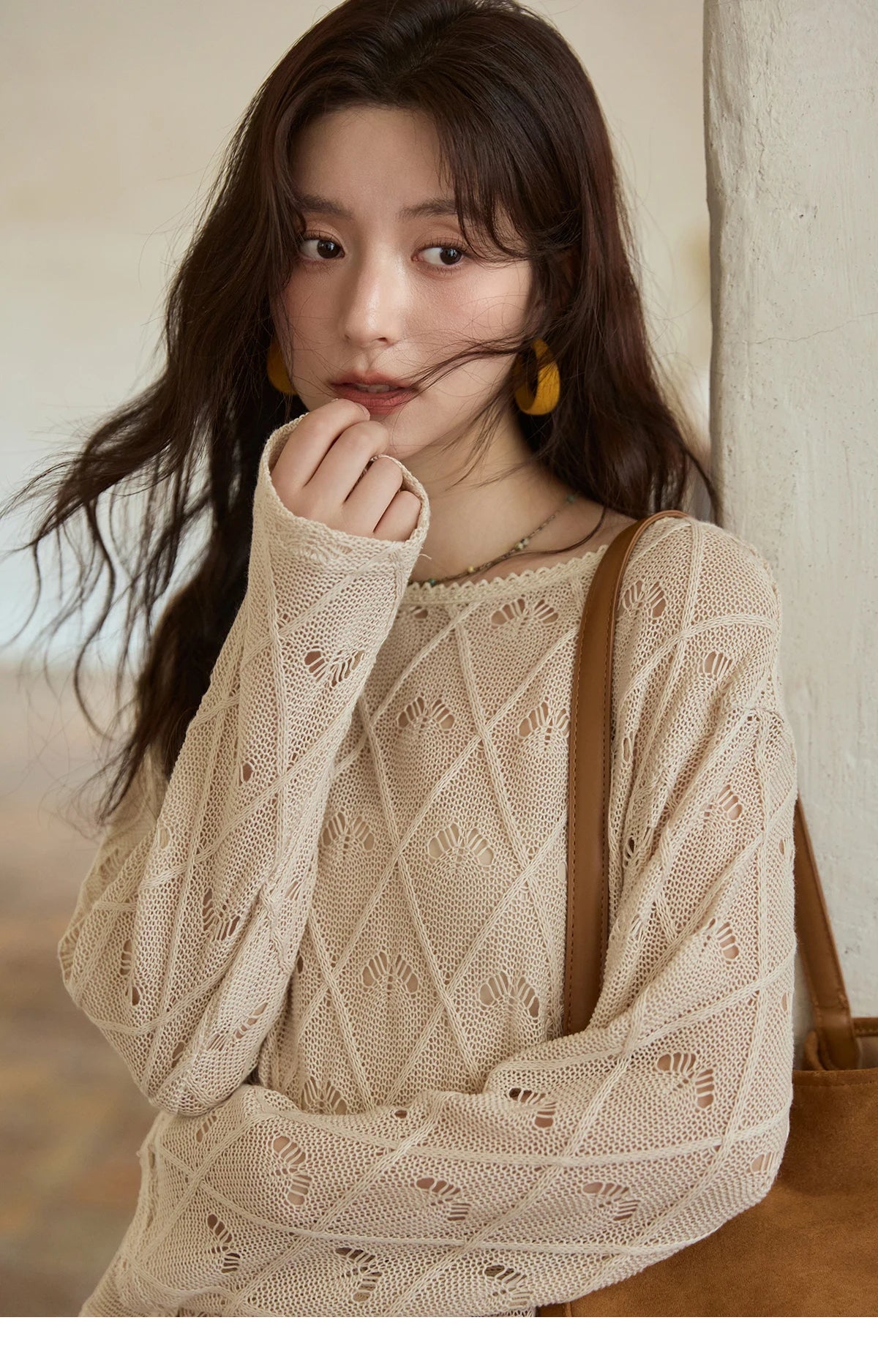 MISHOW Women's Diamond Patterned Knitted Top 2025 Autumn Bohemian Hollowed Out Thin Top Scoop Neck Knitted Sweaters MXE42Z1332