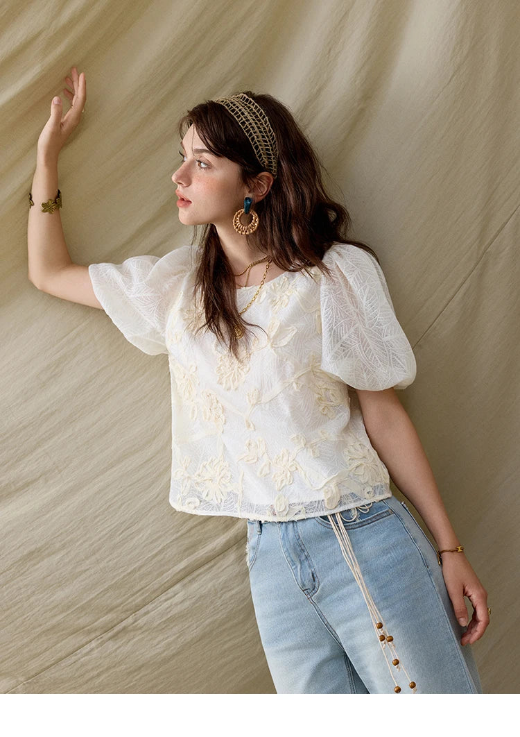 MISHOW French Summer Blouses Women New 2025 Short Puff Sleeve Round Neck Jacquard Flower Slim Shirts Woman Versatile MXE32X1772