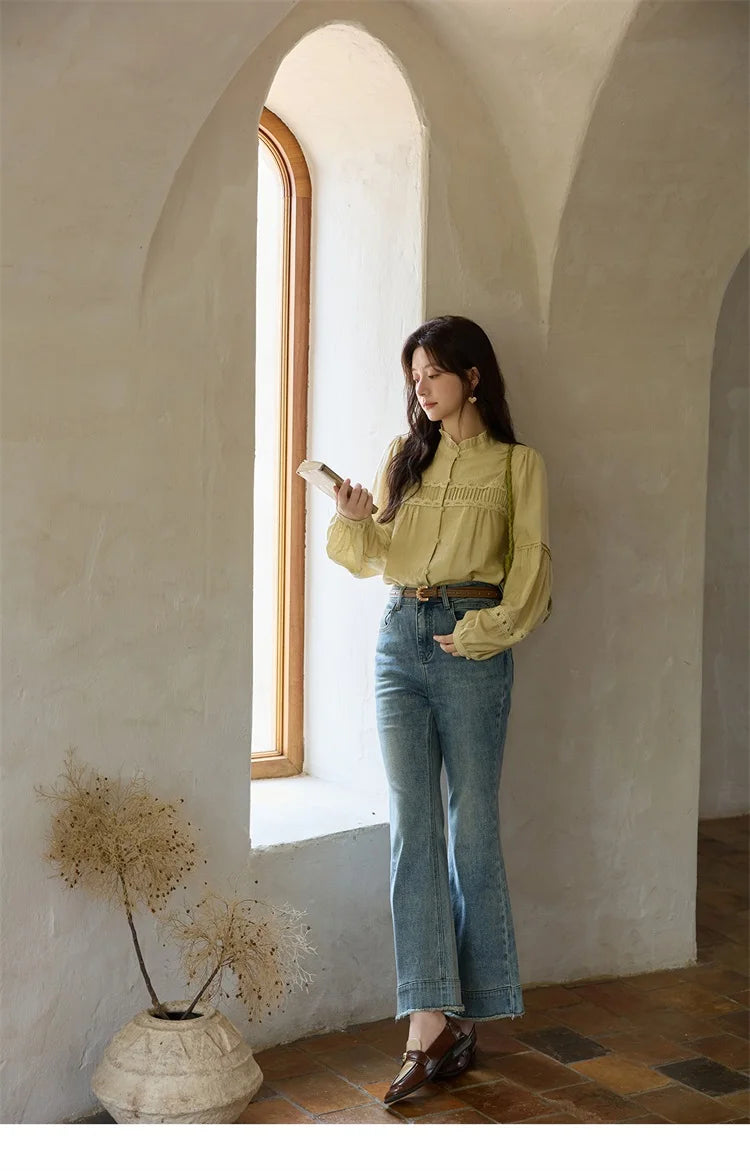 MISHOW Light Yellow Linen Solid Shirt 2025 Autumn Splicing Lace Hollow Sleeves Shirts Stand Collar Top Office Lady MXE42X1976