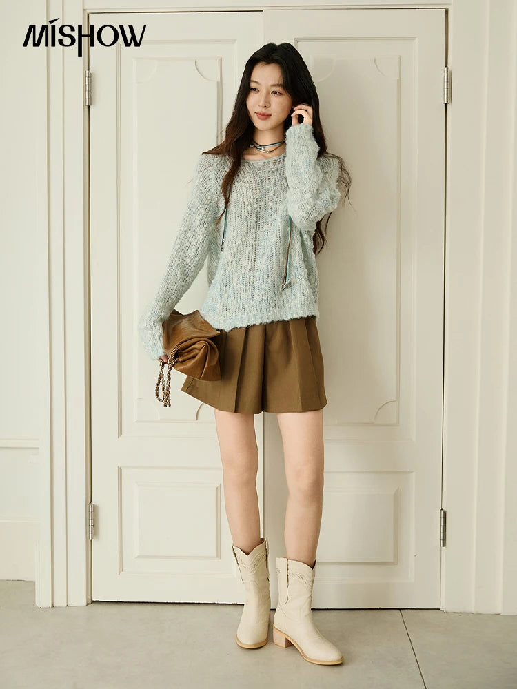 MISHOW Scoop Neck Loose Sweater 2025 Autumn Raglan Sleeve Casual Knitted Top Hollow-out Wool Blend Soft Warm Sweaters MXE46Z2565