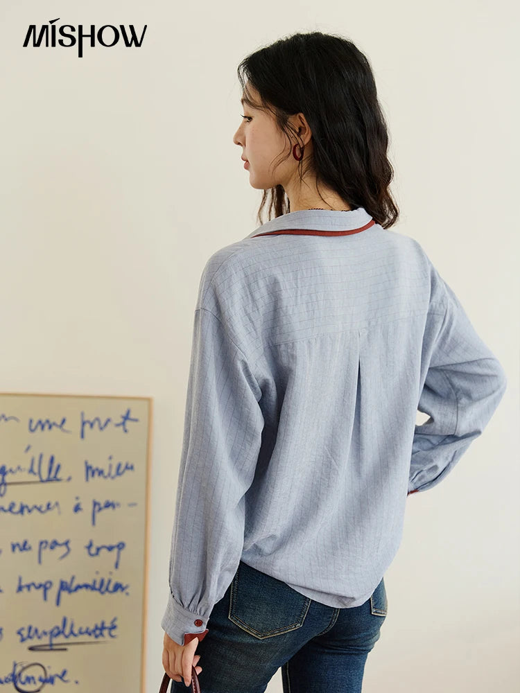 MISHOW Striped Shirt for Women Autumn 2025 Blue Red Splicing Contrasting Color Shirts Laple Loose Retro Commute Top MXE46C2405