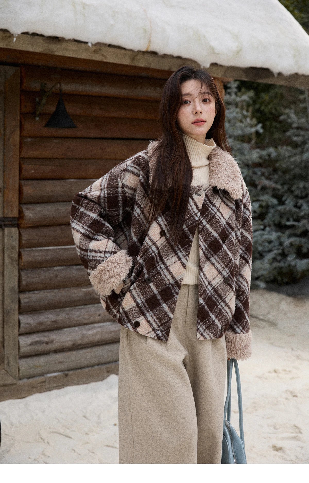 MISHOW Woman Jacket 2025 Autumn Winter Loose Retro Plaid Turn-down Collar Short Jacket Commute Warm Wool Blend Coat MXE89W0904