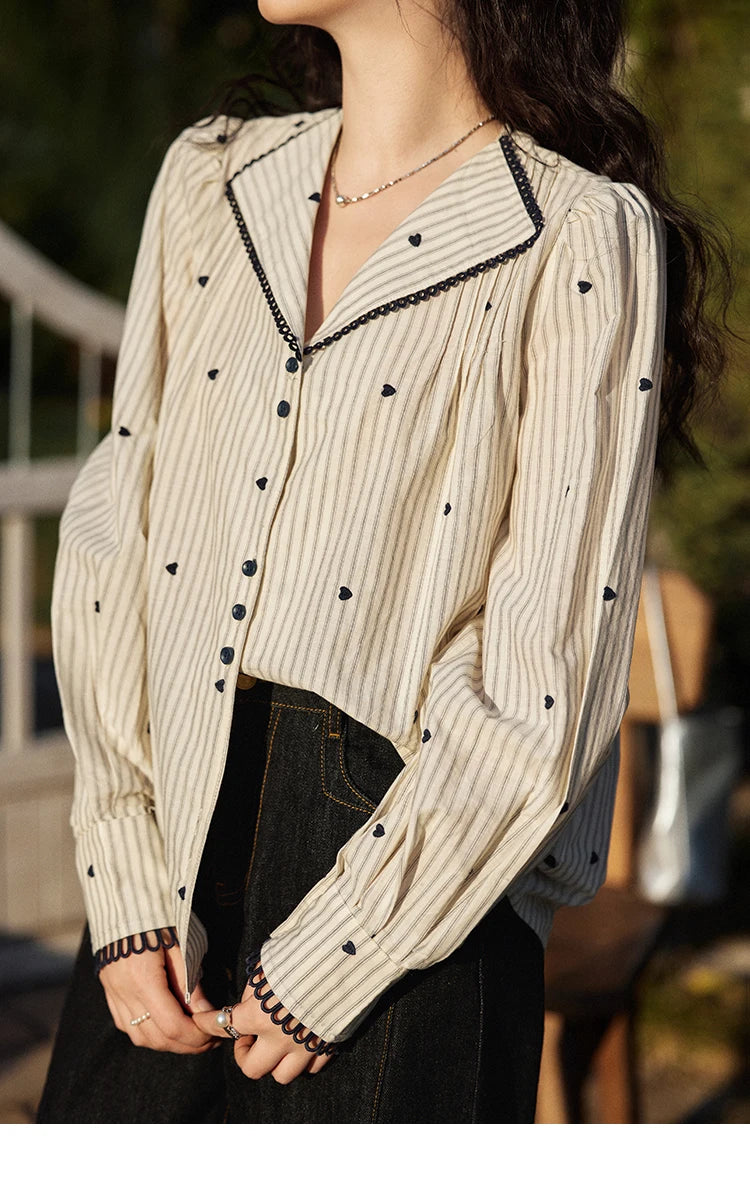 MISHOW Striped Bubble Sleeve Shirt for Women 2025 Spring French Retro Love Embroidered Top 100 Cotton V-neck Shirts MXE12C0390