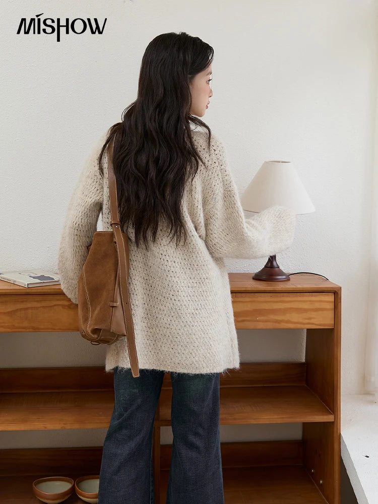 MISHOW Apricot Knitted Halter Two-Piece Set Women's 2025 Autumn Winter Retro Flower Decoration Commute Cardigan Set MXE51T1424