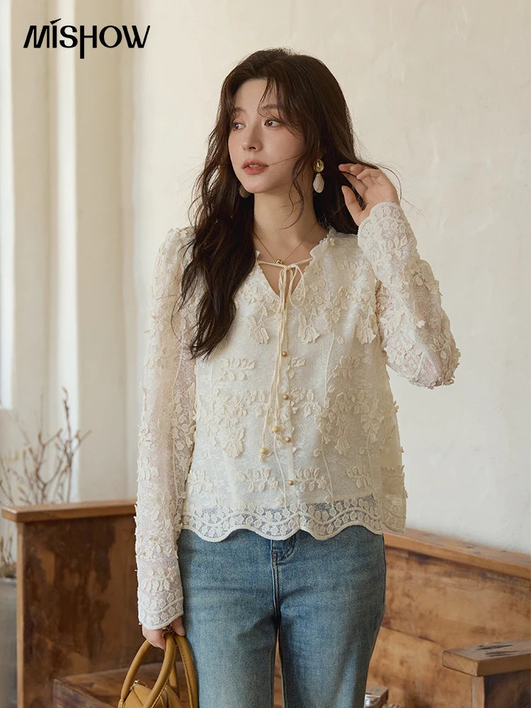 MISHOW Apricot Lace Jacquard Embroidered Shirt 2025 Autumn Black Fungus Edge Lace-up Vintage Commuter Top Office Lady MXE41X1927