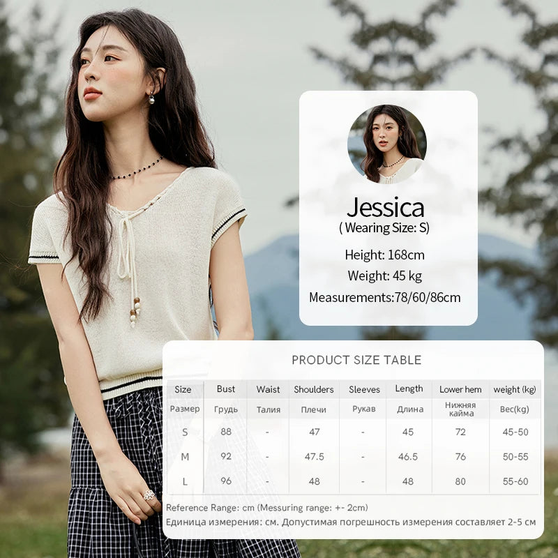 MISHOW Office Lady Summer Knitted Sweater V-neck Short Sleeve Solid Slimming Bead Design Pullover Female Lazy Tops MXE33Z1227