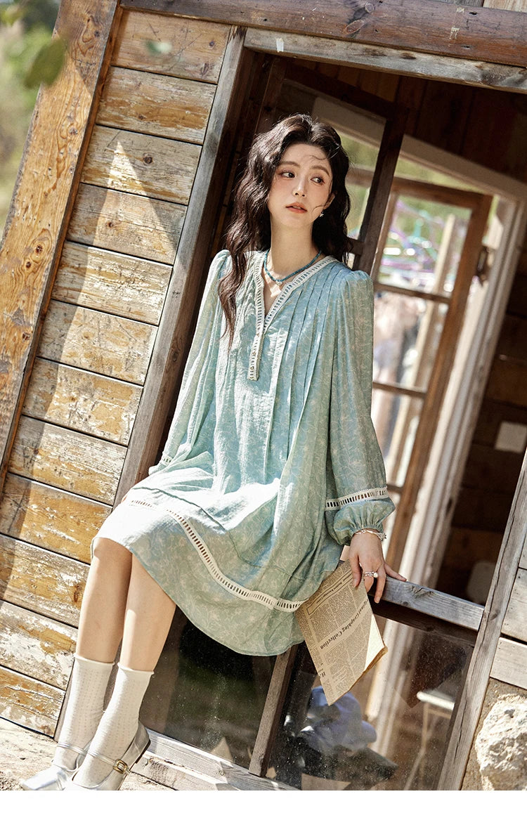 MISHOW Chiffon Printed Dress for Women Spring 2025 French V-neck Hollowed Out Lace Patchwork Medium Length Dresses MXE12L2096