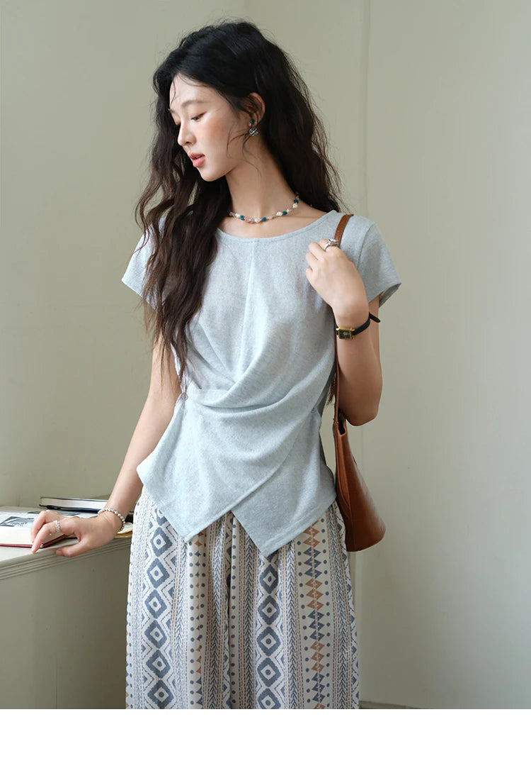 MISHOW Round Neck Knitted T-Shirt Irregular Design Button MXE39T0709