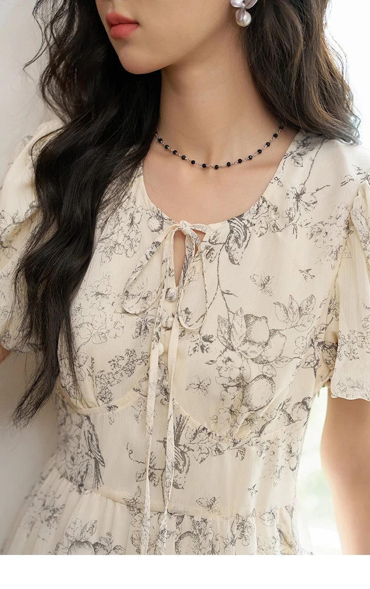 MISHOW Women's Print Chiffon Dresses 2025 Summer New Floral Short Sleeve Mid-length A-line Lace-up French Lady Dress MXD27L1841