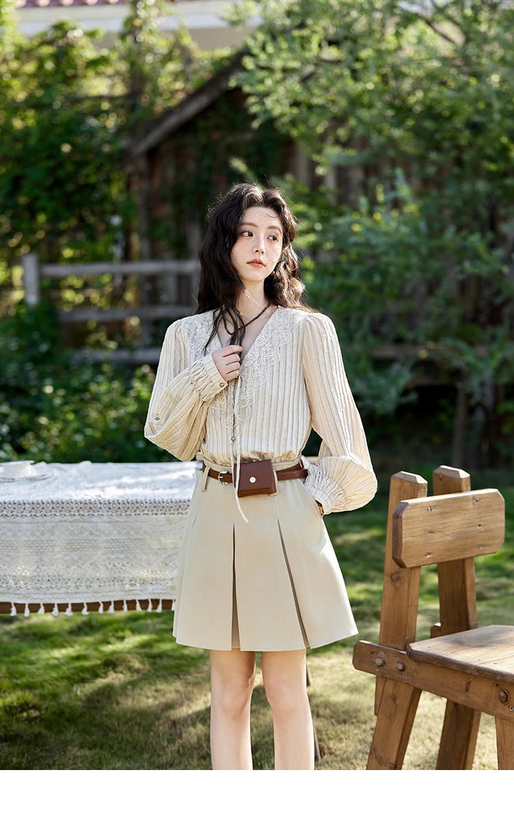 MISHOW French Retro V-neck Lace-up Striped Shirt for Women Spring 2025 Embroidered Lace Long Sleeve Top Casual Shirts MXE12X1715