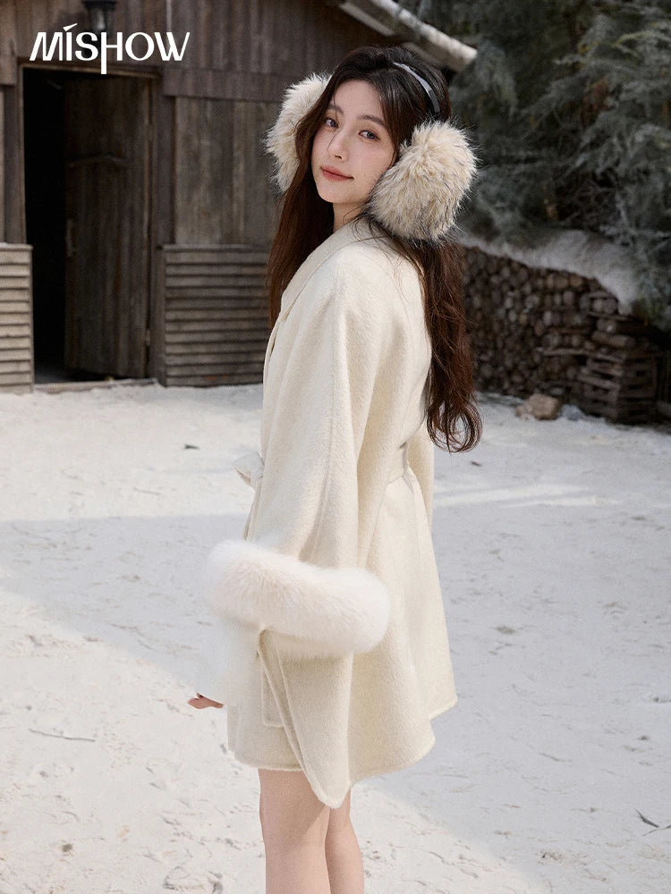MISHOW 100% Wool Cape Double-sided Woolen Coat 2025 Winter Elegant Detachable Furry Cuffs Warm Lapel Ponchos Coats MXE90W0947