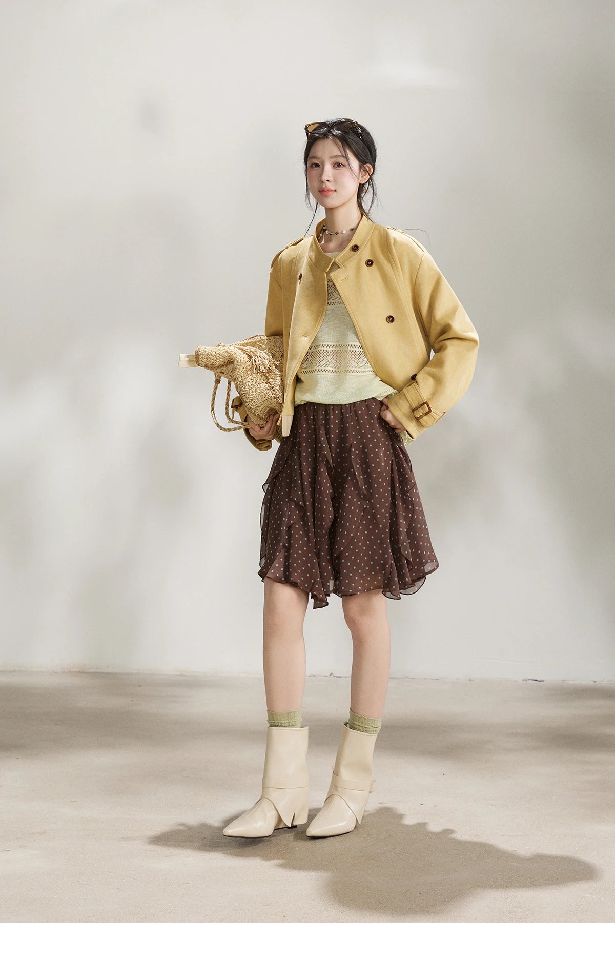 MISHOW Women's Brown Polka Dot Skirt Spring Irregular Ruffled Chiffon Elastic Waist Skirts Casual A-line Mini Skirt MXF13B2476