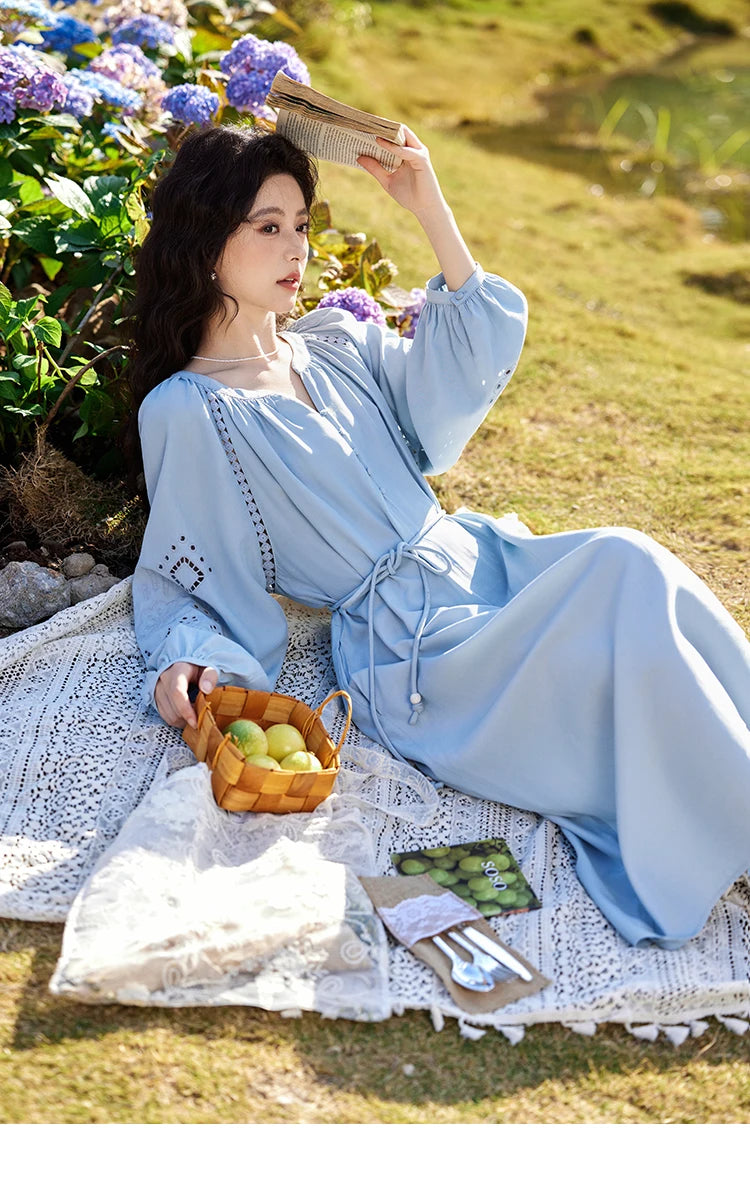 MISHOW French Hollow Lace Dress for Women 2025 Spring Vacation Slim Waist V-neck Dresses Loose Beach Fairy Dresses MXE12L2091