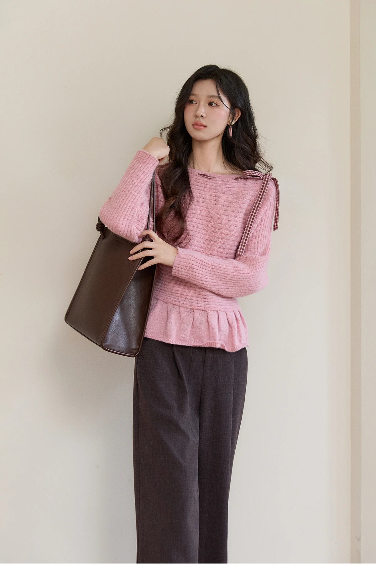 MISHOW Women's Pink Ribbed Knit Sweater 2026 Spring Plaid Bow Decor Peplum Hem Long Sleeve Casual Slim Pullover Tops MXF11Z3016