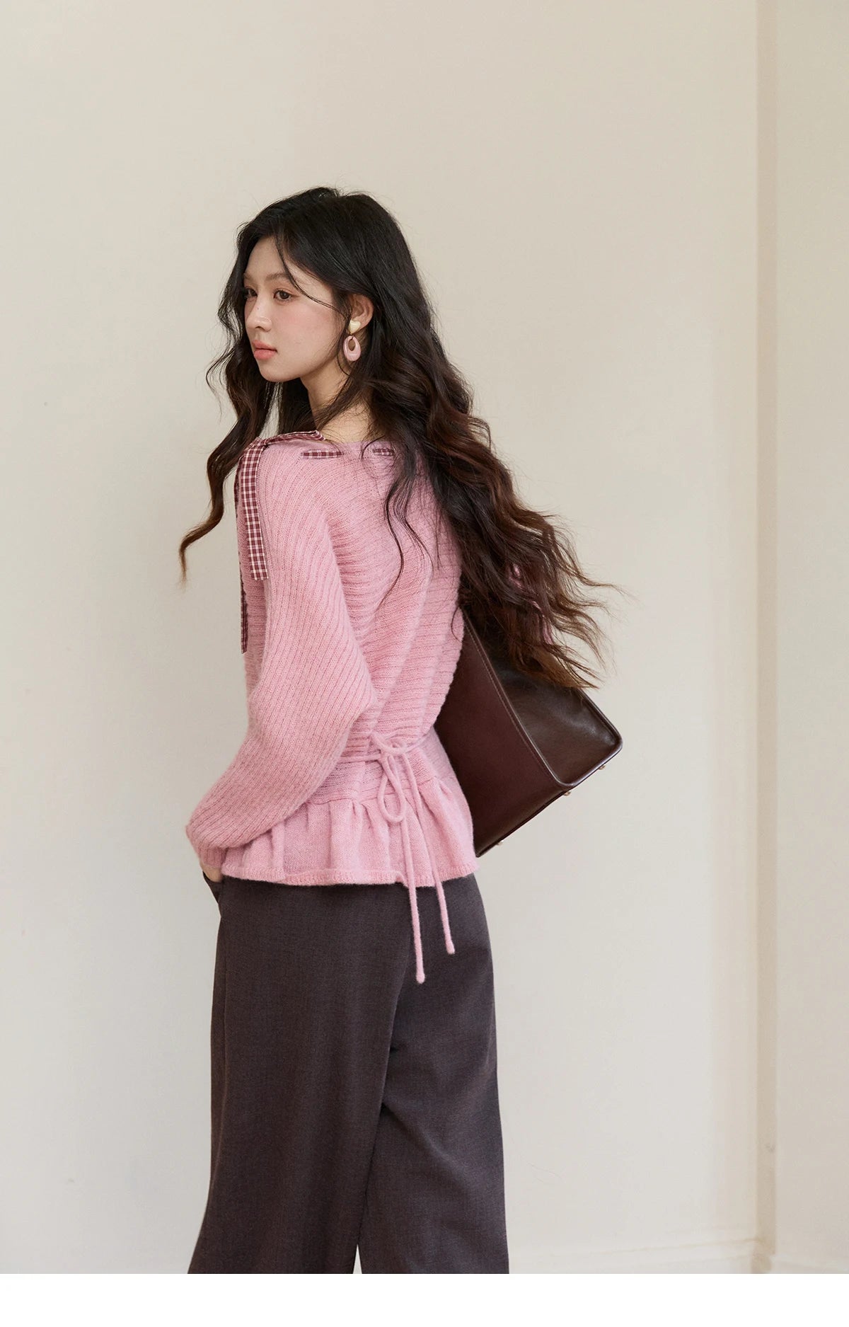 MISHOW Women's Pink Ribbed Knit Sweater 2026 Spring Plaid Bow Decor Peplum Hem Long Sleeve Casual Slim Pullover Tops MXF11Z3016