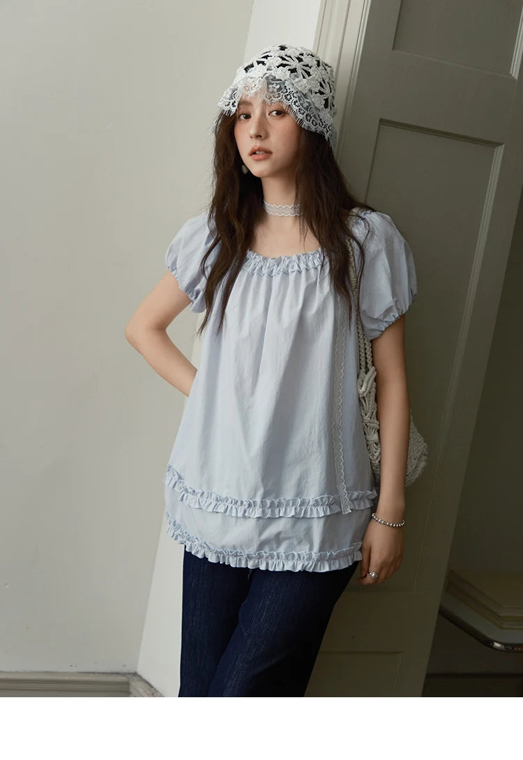 MISHOW Women's Fashion Puff Sleeve Blouse 2025 Summer Casual O-Neck Edible Tree Fungus Spliced Top Female Clothing MXE39X1929