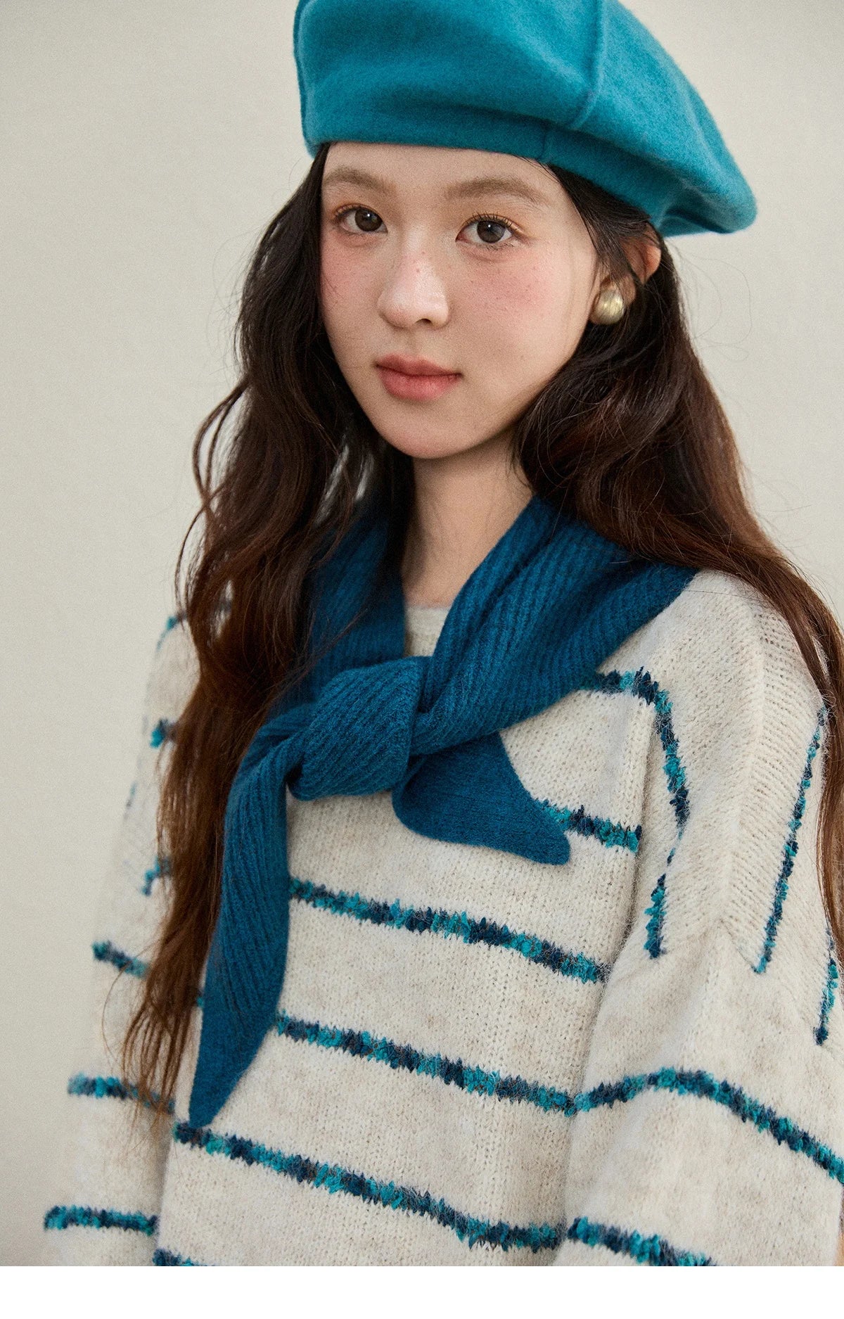 MISHOW Women's Blue Striped Sweater 2025 New Alpaca Wool Shawl Scarf Set Retro Loose Casual Knit Top Winter Clothes MXE90Z2821