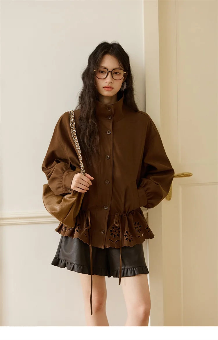 MISHOW Hollow Embroidered Trench for Women Autumn 2025 Drawstring Waist Coffee Jacket Lapel Single Breasted Coat MXE48W0855