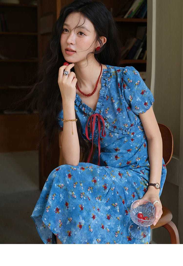 MISHOW Women's V-neck Lace Up Dress 2025 Summer New Female Fashion Puff Sleeve Chiffon Print Dresses Ladies Clothing MXE39L2401