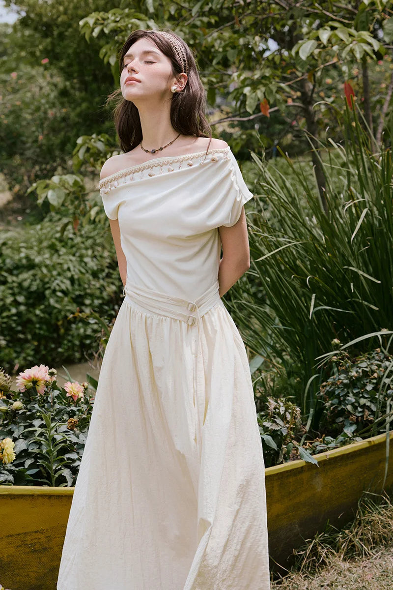 MISHOW Holiday Summer Dresses Women 2025 New Short Sleeve Shell Webbing Oblique Collar Slim Midi Dress Female Fashion MXE31L2189