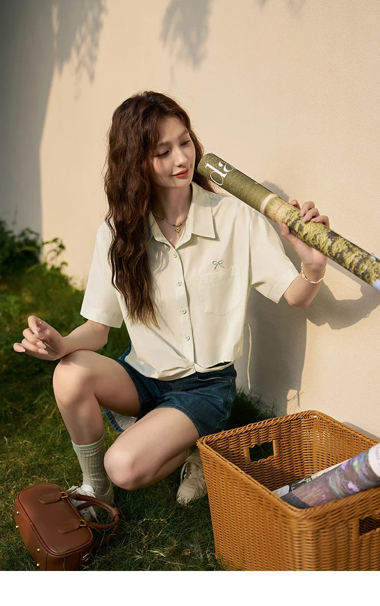 MISHOW Same Color Bow Embroidered Shirt Summer 2024 Lapel Collar Asymmetric Hem 100 Cotton Casual Short Sleeved Top MXD23C0257