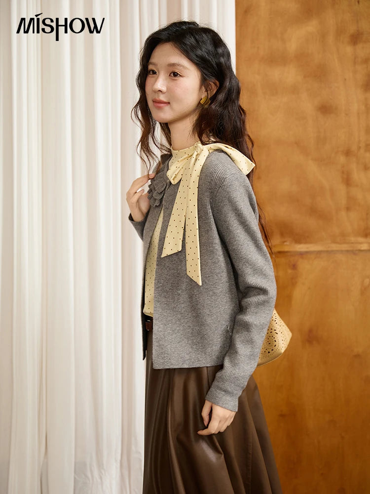 MISHOW Gray Knitted Cardigan Women 2025 Autumn Winter New Ruffled Collar Floral Yarn Striped Loose Lazy Casual Tops MXE45Z1378