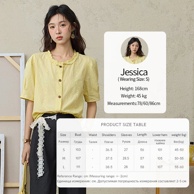 MISHOW 100% Cotton Women's Puff Sleeve Shirt 2025 Summer New Fashion Round Neck Button Top Casual Female Clothing MXE36X1873