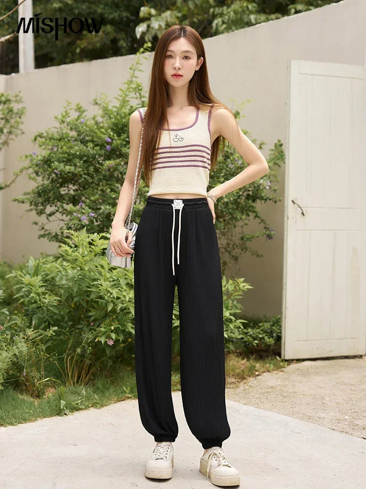 MISHOW Casual Pants for Women 2023 Summer Solid High Waist Slim Straight Elastic Waist Trousers Ankle-Length Pants MXC33K0069