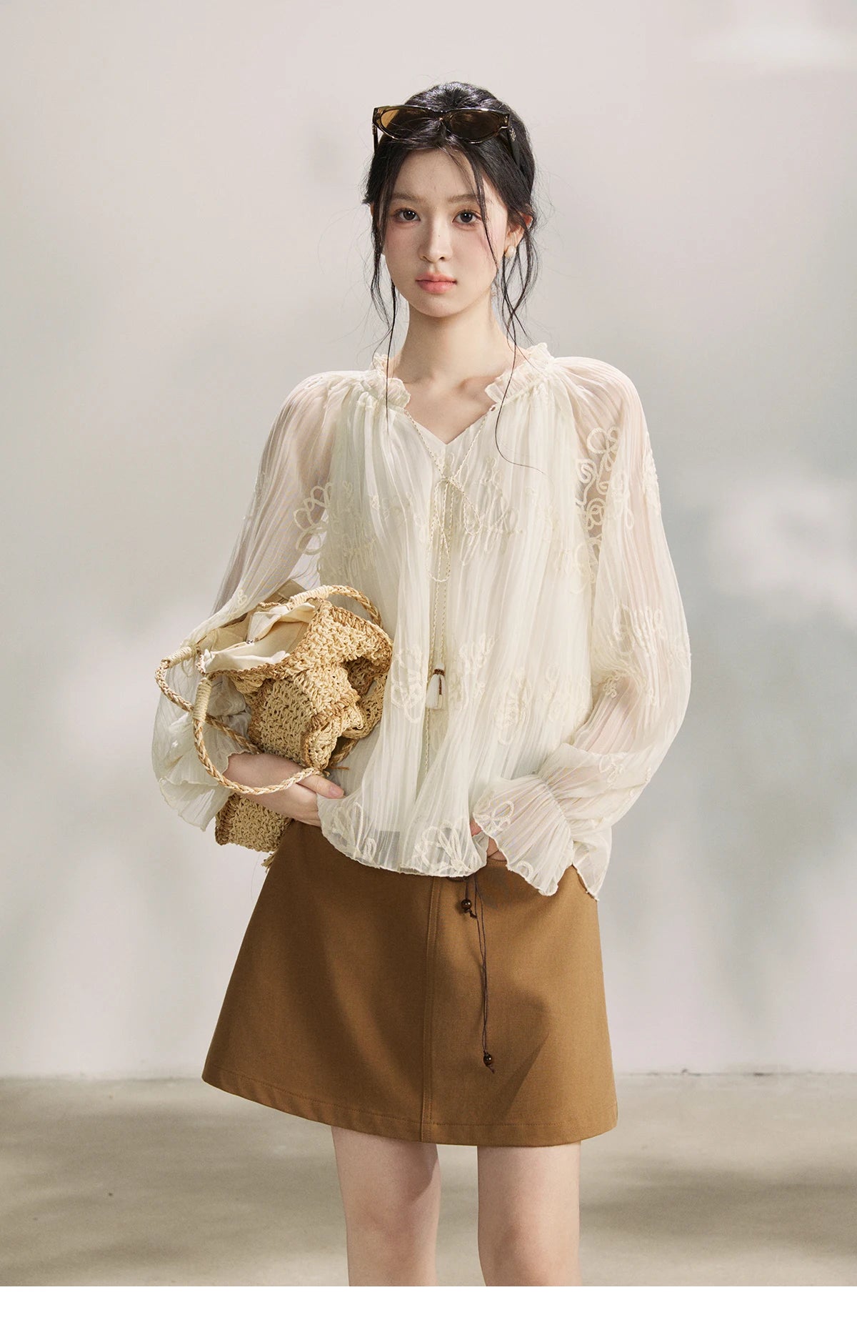 MISHOW Women's Tassel Tie Flower Embroidered Blouse 2026 Spring V-Neck Lantern Sleeves Top Casual Loose Sheer Blouses MXF13X2525