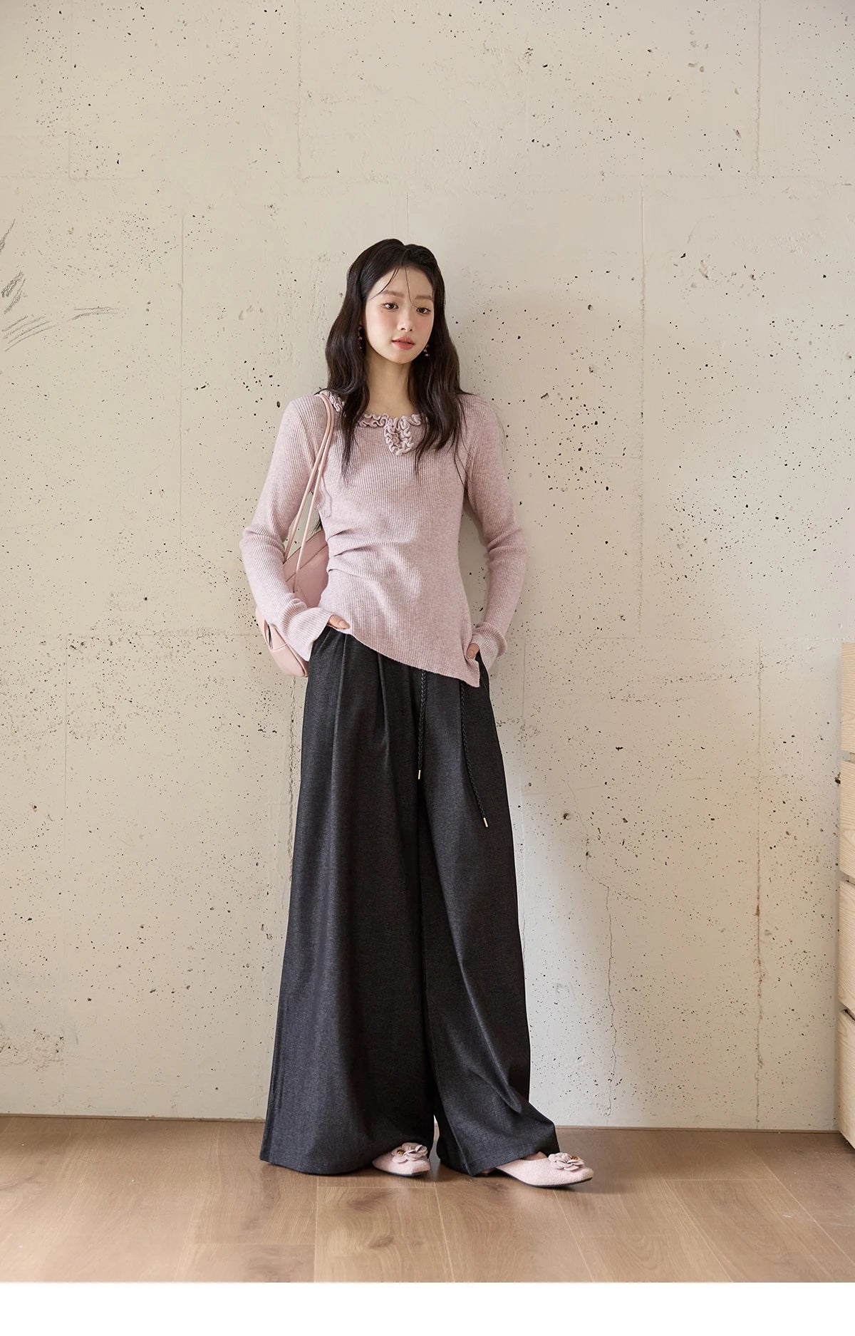 MISHOW Women's Trousers 2025 Autumn Winter Lace-up Gray Wide-leg Pants High Waist Slim Commuting Casual Pants Women MXE51K1106