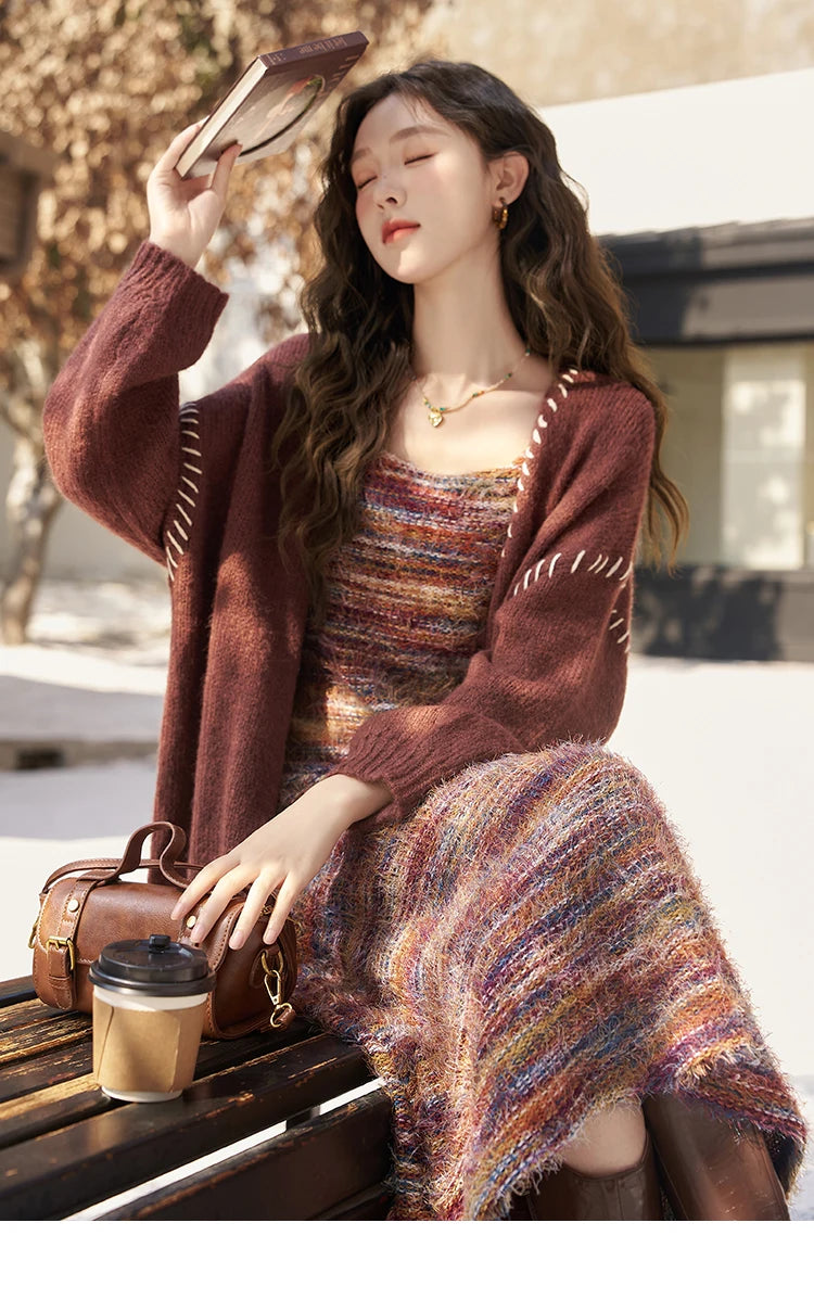 MISHOW Retro Slip Knitted Dresses Coat Separately Women Autumn Winter Sweater Cardigan Slim Knit Suspender Dress MXC59L1625