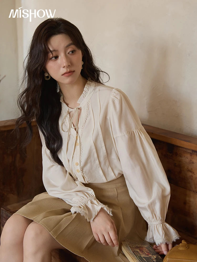 MISHOW French 100% Lyocell Apricot Shirt 2025 Autumn Flared Sleeves Lace Edges Shirts V-neck Slim Top Office Lady MXE41C2351