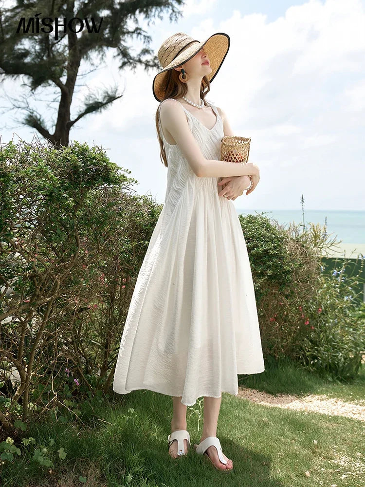 MISHOW French Retro Pleated Upper Suspender Dress for Women 2024 Summer Vacation Sleeveless Solid Mid Length Dresses MXD26L1939