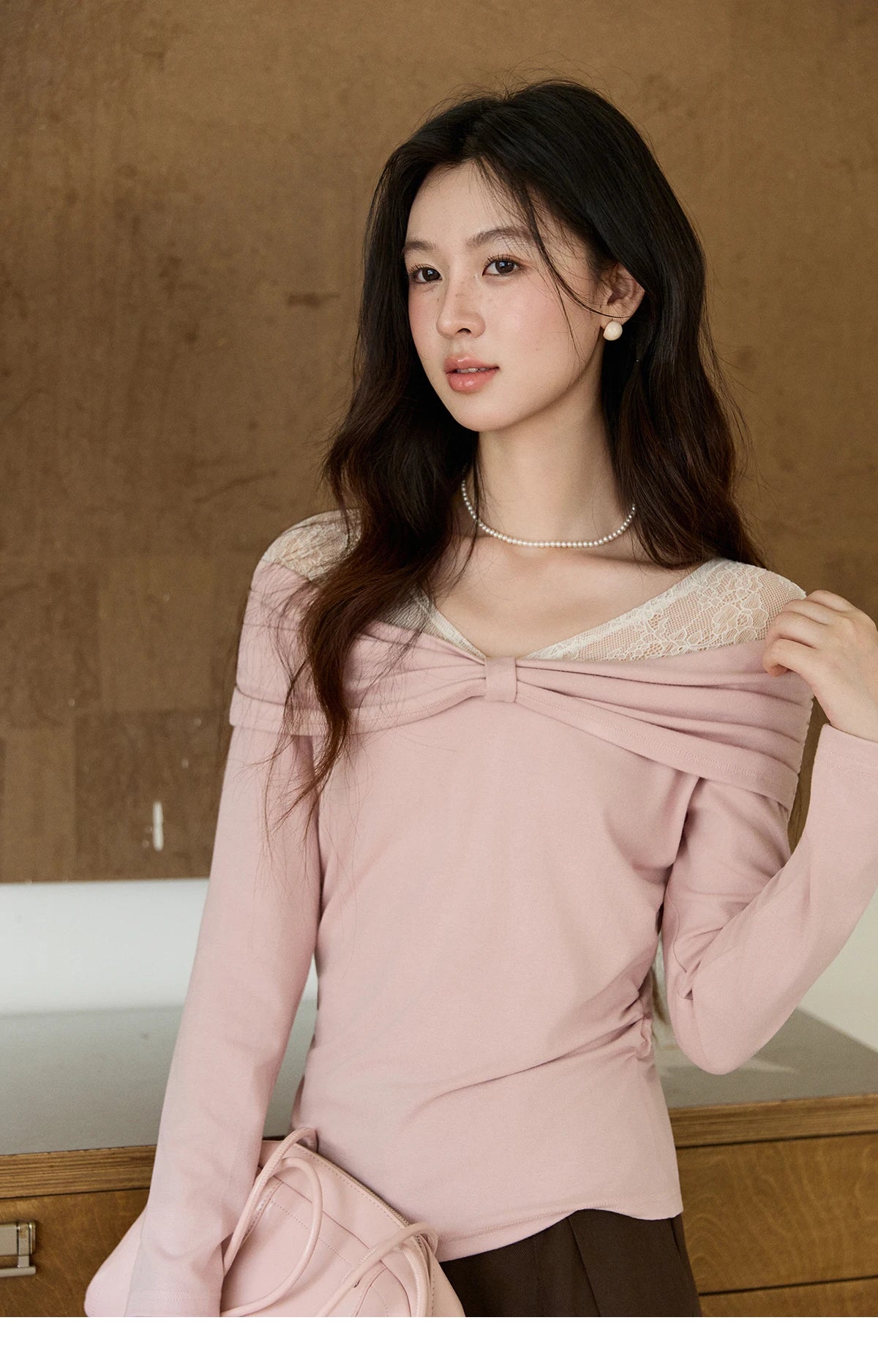 MISHOW Women's Lace Patchwork One Shoulder T-shirt 2026 Spring Twist Casual Slim Tees Sweet Pink Long Sleeve Tops MXF108Z1026