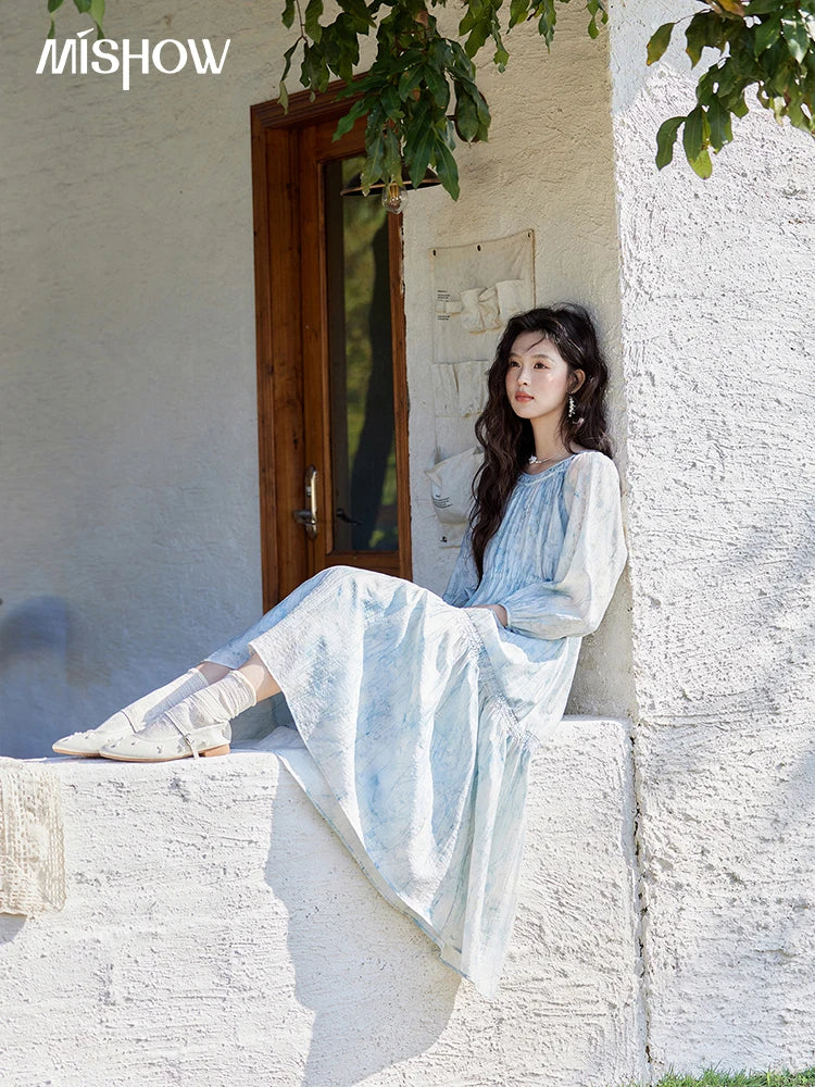 MISHOW Printed Blue Blending Chiffon Vacation Dress Spring 2025 Drawstring Waist Long Dress Lantern Sleeve Dresses MXE16L2114