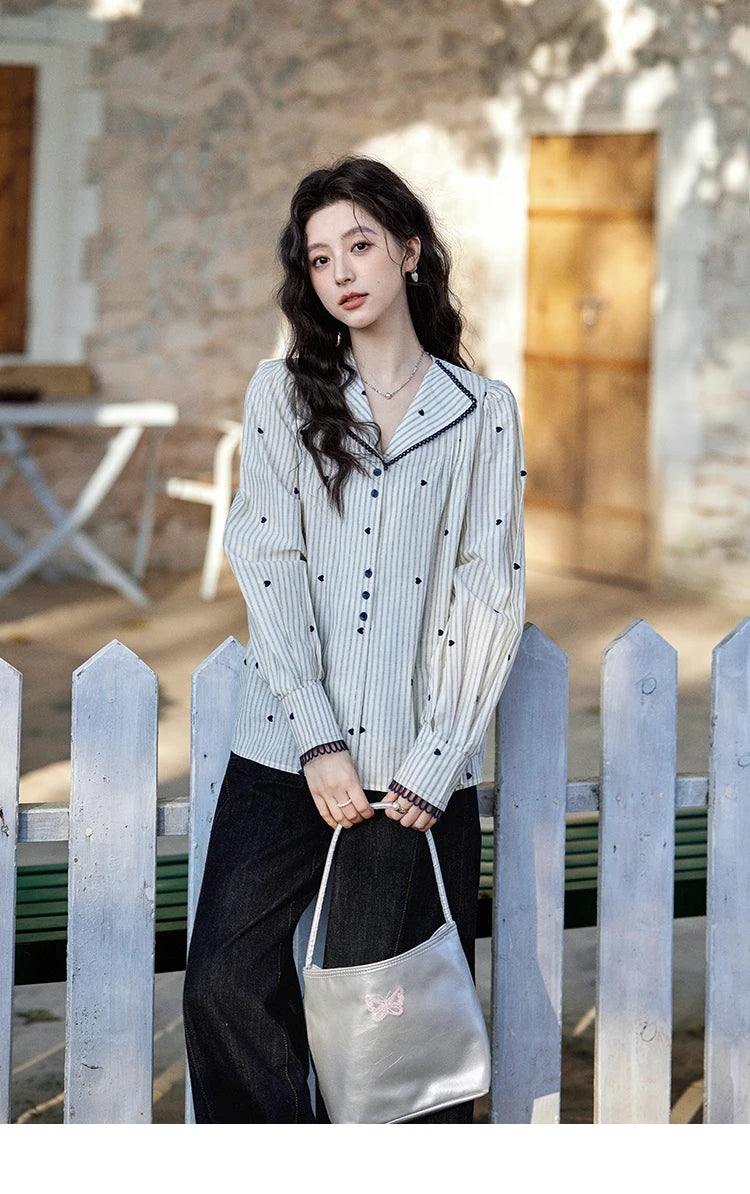 MISHOW Striped Bubble Sleeve Shirt for Women 2025 Spring French Retro Love Embroidered Top 100 Cotton V-neck Shirts MXE12C0390