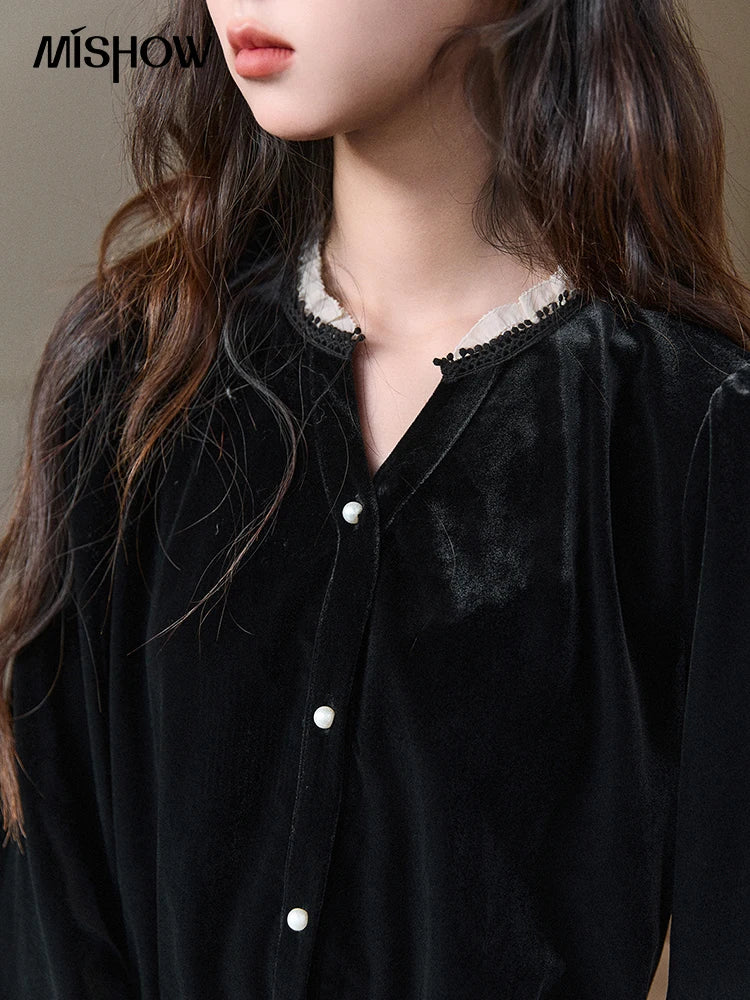 MISHOW Women's Black Velvet Shirts 2025 Winter Retro Splicing Lace Tops Ruffle Hem Pearl Button Puff Sleeve Shirt MXE94X2516