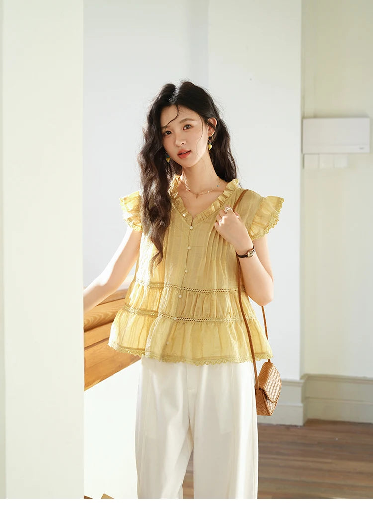 MISHOW Women's Summer Shirt 2025 New Wood Ear V-neck Flying Sleeve Shirt Casual Wrinkle Spliced Button Ladies Top MXE37X1908