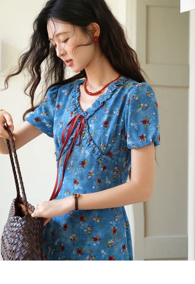 MISHOW Women's V-neck Lace Up Dress 2025 Summer New Female Fashion Puff Sleeve Chiffon Print Dresses Ladies Clothing MXE39L2401