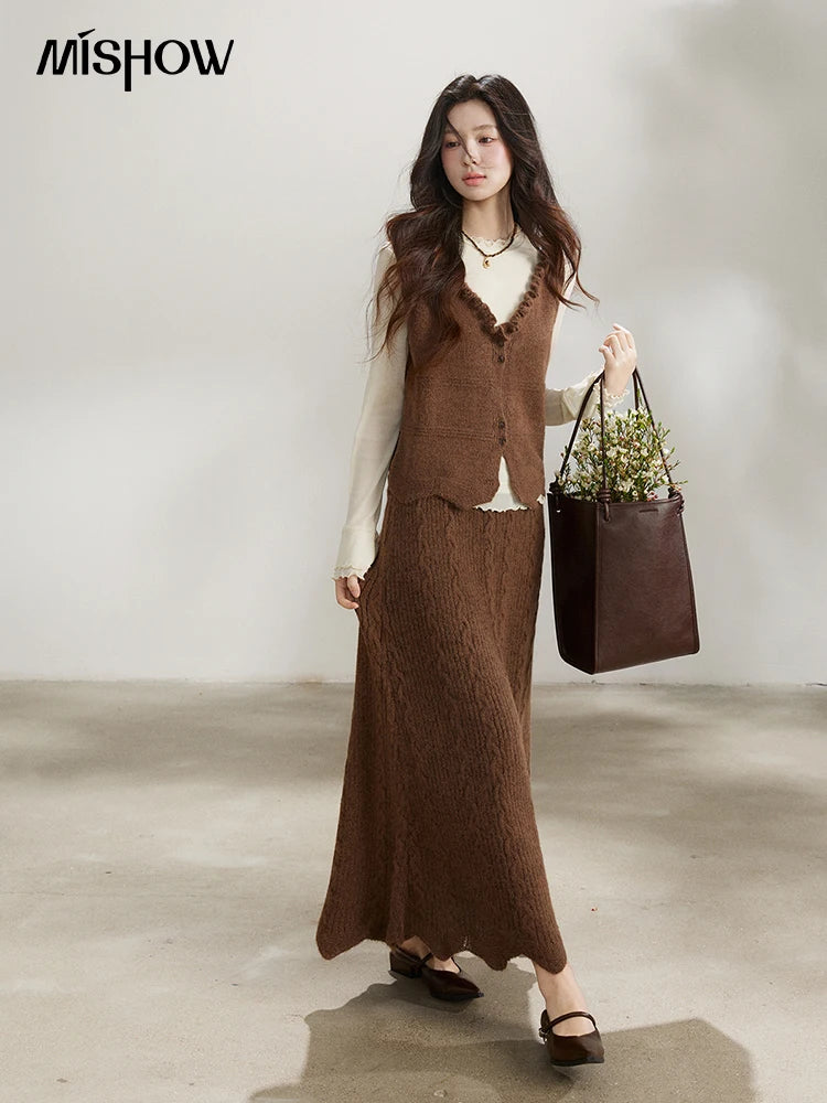 MISHOW Women's Brown Two-Piece Set 2026 Spring Knitted Vest V-Neck Cable Knit Maxi Skirt Casual Retro Warm Outfit MXF11T1460