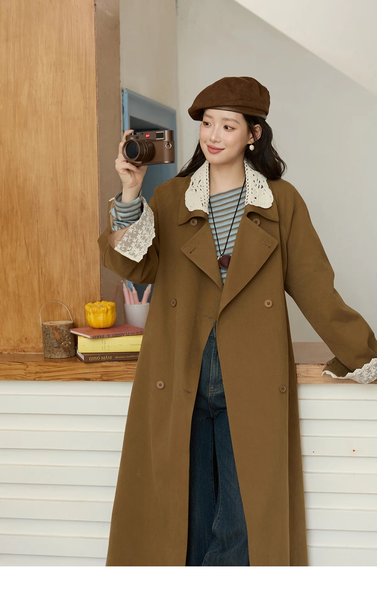 MISHOW Trench Coat Women 2025 Autumn Fashion Light Khaki Lace Long Windbreaker Jacket Long-sleeved Coat with Belt MXE45W0830